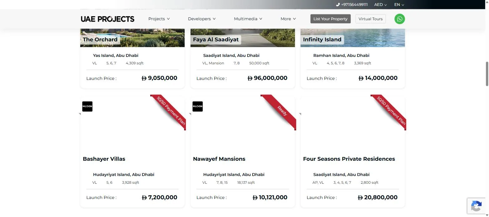 UAEProjects property listings with locations, prices and payment plans