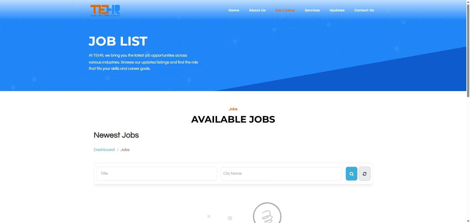 TEHR searchable job listing interface